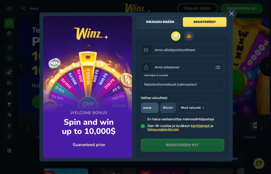 Rekisteröityminen Winz Casino login varten